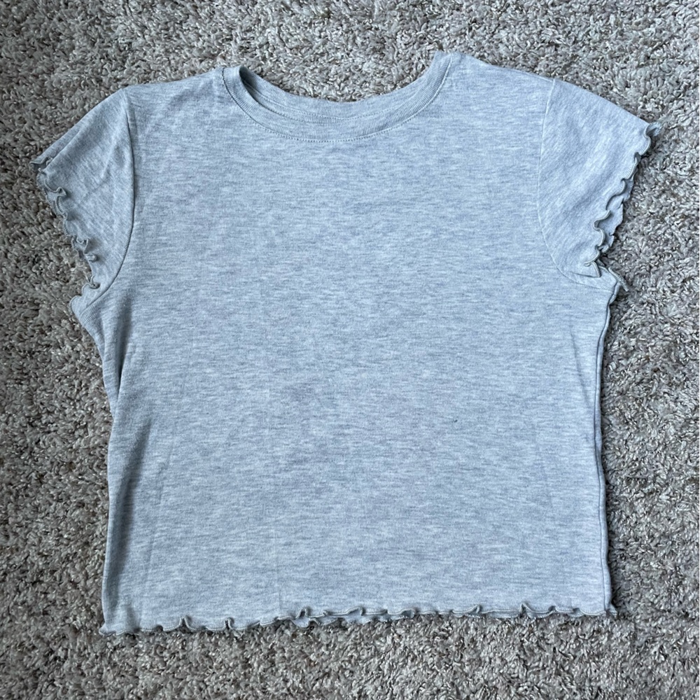 BP Women's Crop Top T-Shirt - Ruffle Edge - Crew Neck - Gray - Cotton - Size S